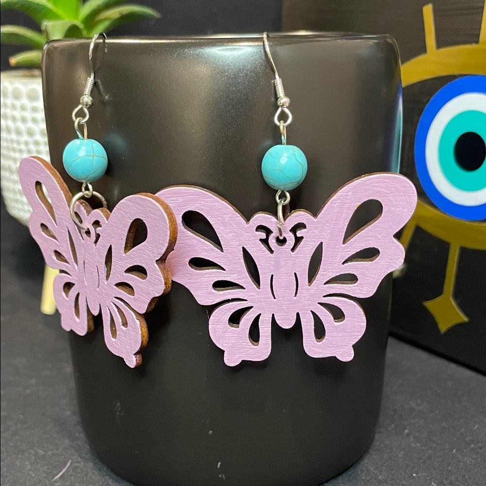 Wooden Lavender Butterfly Earrings with Turquoise Beads - Picture 3 of 3